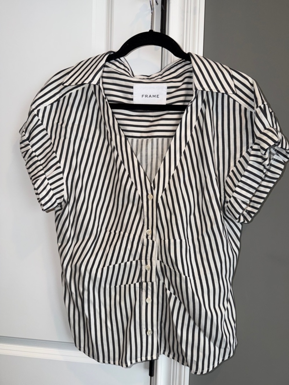 Frame Denim Black and White Vertical Stripe Button-Down Top